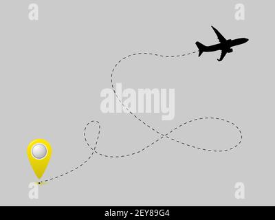 La linea tratteggiata della rotta di volo dell'aereo con il punto di partenza. Immagine piatta vettoriale. Illustrazione Vettoriale
