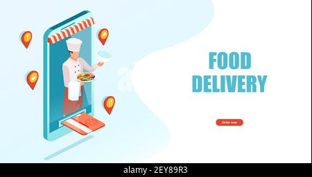 Ordinare cibo online banner concetto. Modello app mobile Illustrazione Vettoriale