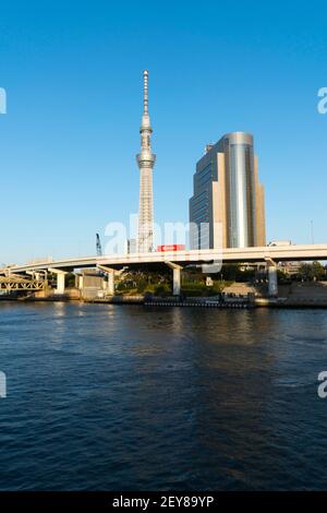 Il Tokyo Skytree si trova dietro la Tokyo Expressway, oltre il fiume Sumida Tokyo. Foto Stock