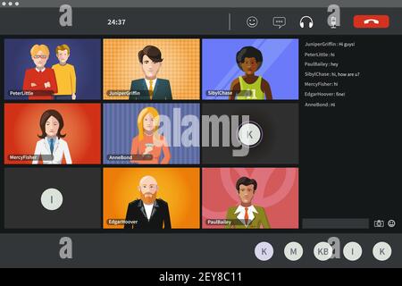 Schermo di videoconferenza, software moderno per riunioni virtuali o lezioni Illustrazione Vettoriale