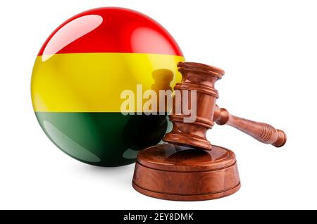 Diritto boliviano e concetto di giustizia. Gavel di legno con bandiera della Bolivia. Rendering 3D isolato su sfondo bianco Foto Stock