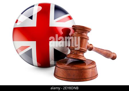 Diritto britannico e concetto di giustizia. Gavel di legno con bandiera del Regno Unito. Rendering 3D isolato su sfondo bianco Foto Stock