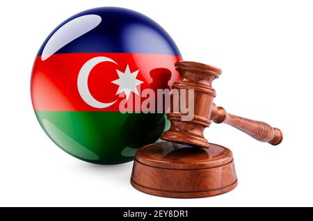 Diritto azerbaigiano e concetto di giustizia. Gavel di legno con bandiera di Azerbaigian. Rendering 3D isolato su sfondo bianco Foto Stock