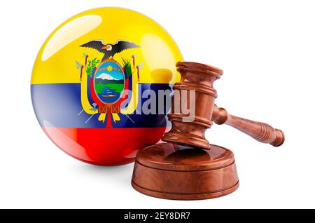 Legge ecuadoriana e concetto di giustizia. Gavel di legno con bandiera dell'Ecuador. Rendering 3D isolato su sfondo bianco Foto Stock