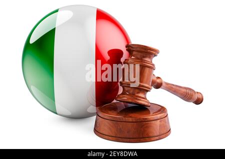 Concetto di diritto e giustizia italiano. Gavel di legno con bandiera d'Italia. Rendering 3D isolato su sfondo bianco Foto Stock