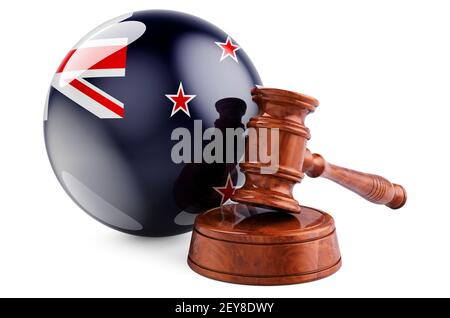 Legge e concetto di giustizia della Nuova Zelanda. Gavel di legno con bandiera della Nuova Zelanda. Rendering 3D isolato su sfondo bianco Foto Stock