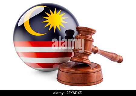 Legge malese e concetto di giustizia. Gavel di legno con bandiera della Malesia. Rendering 3D isolato su sfondo bianco Foto Stock