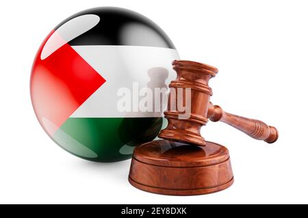 Diritto palestinese e concetto di giustizia. Gavel di legno con bandiera della Palestina. Rendering 3D isolato su sfondo bianco Foto Stock