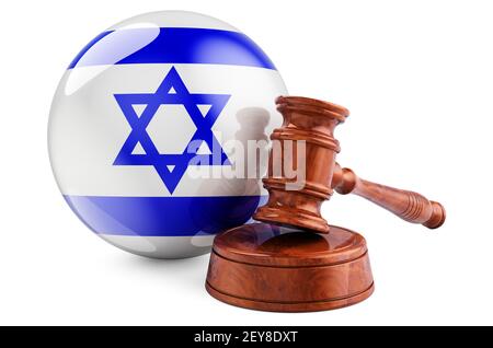Diritto israeliano e concetto di giustizia. Gavel di legno con bandiera di Israele. Rendering 3D isolato su sfondo bianco Foto Stock