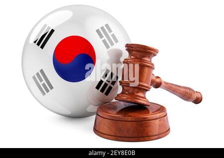 Concetto di diritto e giustizia della Corea del Sud. Gavel di legno con bandiera della Corea del Sud. Rendering 3D isolato su sfondo bianco Foto Stock