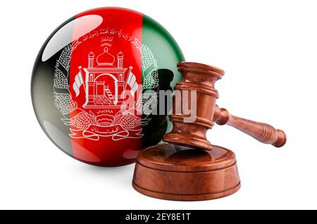 Diritto afgano e concetto di giustizia. Gavel di legno con bandiera dell'Afghanistan. Rendering 3D isolato su sfondo bianco Foto Stock