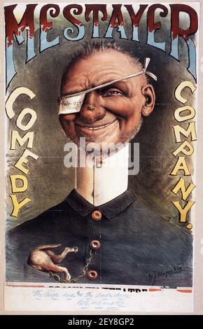 Commedia di Mestayer. Poster Classic Show, vecchio stile e vintage. 1885. Sorridendo l'uomo con la toppa per l'occhio. Foto Stock