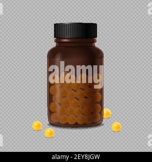 Flacone di vetro medico marrone chiuso e draga di vitamina gialla sparsa su sfondo trasparente illustrazione vettoriale realistica Illustrazione Vettoriale