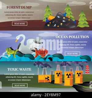 Problemi ecologici foresta discarica inquinamento oceanico e rifiuti tossici set di striscioni orizzontali piatte illustrazione vettoriale isolata Illustrazione Vettoriale