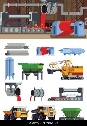 Produzione di acciaio macchine per fonderia per estrazione mineraria e trasporto serie di icone piatte illustrazione vettoriale isolata Illustrazione Vettoriale