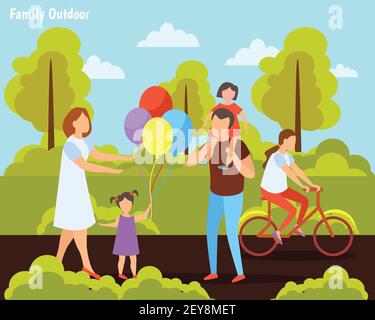 Famiglia con bambini estate fine settimana attività ortogonale composizione con bici equitazione in campagna giochi all'aperto illustrazione vettoriale Illustrazione Vettoriale