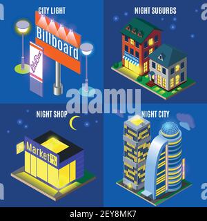 Città notturna con gli elementi delle infrastrutture urbane negozio scraper cielo e. concetto di progettazione isometrica periferica illustrazione vettoriale isolata Illustrazione Vettoriale