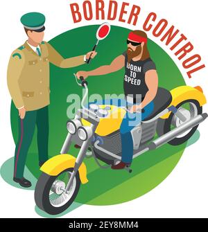 Controllo dei confini composizione isometrica rotonda con guardia di frontiera durante il biker verifica su sfondo verde illustrazione vettoriale Illustrazione Vettoriale