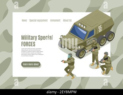 Pagina Web isometrica forze speciali militari con interfaccia menu e. veicolo dell'esercito con illustrazione del vettore dei soldati Illustrazione Vettoriale