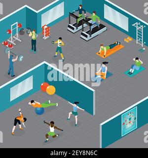 Composizione isometrica del fitness con persone che fanno diversi tipi di sport e allenamento in palestra chiusa area illustrazione vettoriale Illustrazione Vettoriale