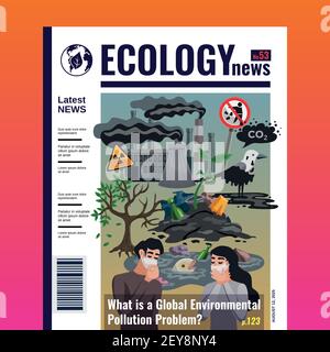 La rivista di notizie sull'ecologia riguarda il design con problemi di inquinamento ambientale globale titoli degli articoli simboli immagini vettoriali piatte Illustrazione Vettoriale