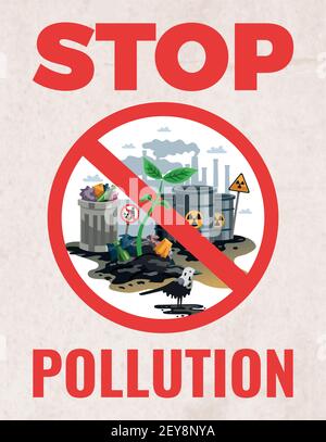 Stop inquinamento segno ambientale consapevolezza poster con salvare terra proteggere simboli di allarme ambientale planare immagine vettoriale piatta Illustrazione Vettoriale