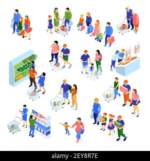 Insieme isometrico di icone con le famiglie che fanno shopping nel supermercato isolato su sfondo bianco immagine vettoriale 3d Illustrazione Vettoriale