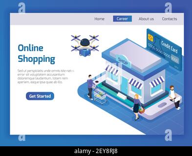 E-commerce shopping online home page glow isometric sito web design con illustrazione del vettore di consegna del drone di pagamento con carta di credito Illustrazione Vettoriale