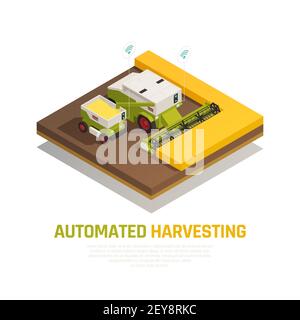 Composizione per agricoltura intelligente con testo e immagini modificabili della trebbiatrice combinata nell'illustrazione del vettore campo Illustrazione Vettoriale