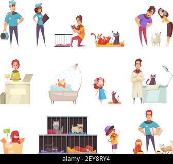 Gli animali domestici senza casa icone decorative insieme con la gente che si prende cura degli animali a casa in ricovero e clinica di veterinario isolato illustrazione vettoriale Illustrazione Vettoriale