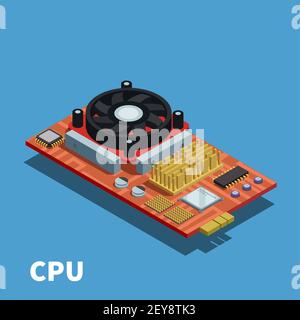 Il poster isometrico dei semiconduttori ha dimostrato la scheda a circuito stampato con elaborazione centrale illustrazione vettoriale dell'unità e del sistema di raffreddamento Illustrazione Vettoriale