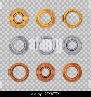 Oblò realistico trasparente colorato icone Set oro argento e bronzo nella figura vettoriale a forma rotonda Illustrazione Vettoriale