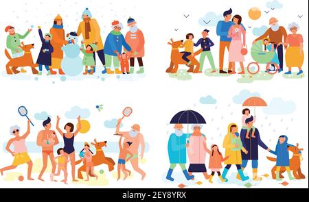 Famiglia con genitori e nonni bambini all'aperto in estate inverno primavera autunno 4 composizioni piatte illustrazione vettoriale Illustrazione Vettoriale