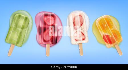 Gelato ai funghi di frutta fusa, set realistico con quattro isolati immagini di icecream su stick illustrazione vettoriale Illustrazione Vettoriale