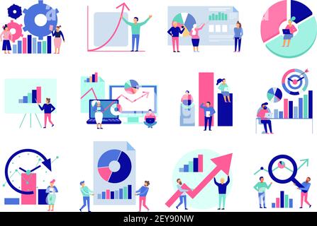Diagrammi di analisi dei dati risultati grafici presentazione strumenti di analisi tecniche decisione creazione di icone piatte raccolta immagine vettoriale isolata Illustrazione Vettoriale