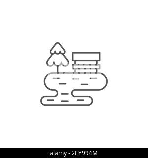 panca con simbolo di stile lineare ad albero e a laghetto per banco di sosta mobile concept e web design Illustrazione Vettoriale