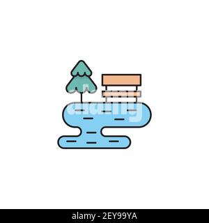 panca con simbolo di stile lineare ad albero e a laghetto per banco di sosta mobile concept e web design Illustrazione Vettoriale