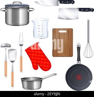 Set di icone utensili da cucina con padella e coltello per friggere illustrazione vettoriale isolata realistica Illustrazione Vettoriale