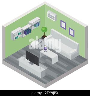 Composizione isometrica del soggiorno con arredamento confortevole e connessione wireless moderna illustrazione vettoriale 3d dei dispositivi Illustrazione Vettoriale