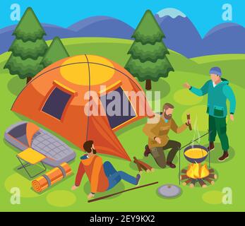 Composizione isometrica escursionistica con campeggio a tenda e gruppo di turisti maschili in natura selvaggia paesaggio illustrazione vettoriale Illustrazione Vettoriale