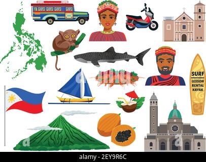 Filippine insieme di icone di viaggio con animali punti di riferimento cibo tradizionale e costumi nazionali isolato illustrazione vettoriale Illustrazione Vettoriale