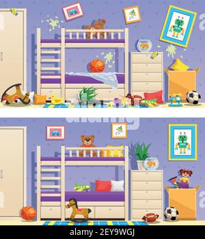 Camera per bambini pulita e disordinata con striscioni e mobili e oggetti interni illustrazione vettoriale isolata Illustrazione Vettoriale