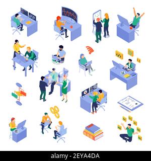 Set di icone isometriche per programmatori sul posto di lavoro durante la codifica illustrazione vettoriale isolata per il debug o il test del software Illustrazione Vettoriale