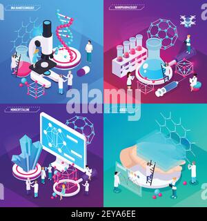 Nanotecnologia 2x2 concept set di progetto di aria gel monocristallino dna quadrato illustrazione vettoriale isometrica delle composizioni Illustrazione Vettoriale