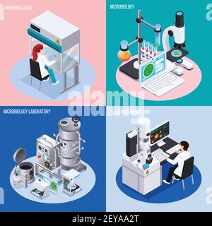 Set di oggetti di progettazione 2x2 per laboratori di microbiologia per la scienza esperimenti becher e matracci illustrazione vettoriale isometrica Illustrazione Vettoriale