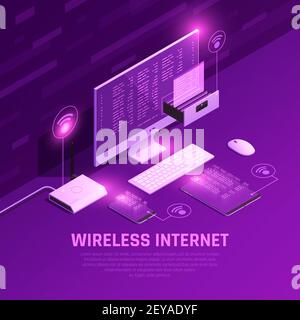 Composizione luminosa isometrica Internet wireless con PC router e dispositivi mobili illustrazione vettoriale dei dispositivi su sfondo viola Illustrazione Vettoriale