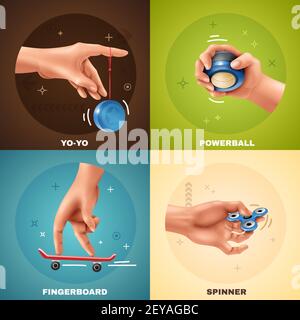 Giochi a mano concetto di design realistico con yoyo fingerboard powerball e. spinner isolato su un'illustrazione vettoriale colorata di sfondo Illustrazione Vettoriale