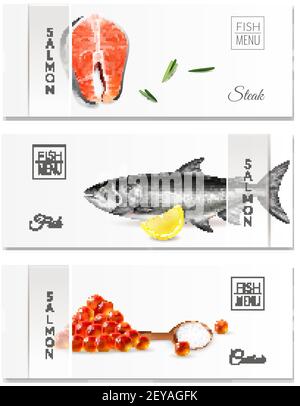 Set realistico di tre striscioni orizzontali con menu di pesce salmone illustrazione vettoriale isolata di bistecche e caviale Illustrazione Vettoriale