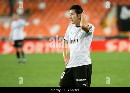 Valencia, Spagna. 05 marzo 2021. Kang-in Lee of Valencia CF visto durante la partita di calcio spagnola la Liga tra Valencia CF e Villarreal CF all'Estadio Mestalla.Punteggio finale; Valencia CF 2:1 Villarreal. Credit: SOPA Images Limited/Alamy Live News Foto Stock