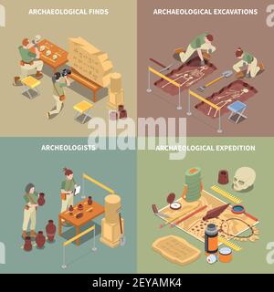 Archeologia icone di concetto isometrico insieme con scavi e trova simboli illustrazione vettoriale isolata Illustrazione Vettoriale